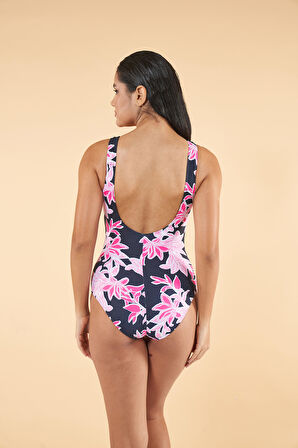 Estiva Çiçek Desenli U Yaka Battal Beden Mayo - Pembe