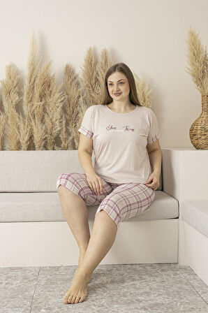 Kadın Yazlık Kareli Kısa Kollu Kaprili Viskon Battal Pijama Takımı