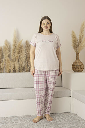 Kadın Yazlık Kareli Kısa Kollu Viskon Battal Pijama Takımı - Pudra