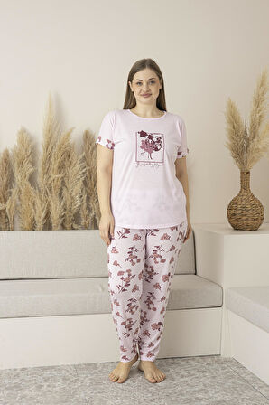 Kadın Yazlık Çiçek Desenli Kısa Kollu Viskon Battal Pijama Takımı - Pembe