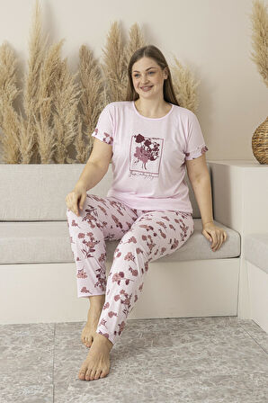Kadın Yazlık Çiçek Desenli Kısa Kollu Viskon Battal Pijama Takımı - Pembe