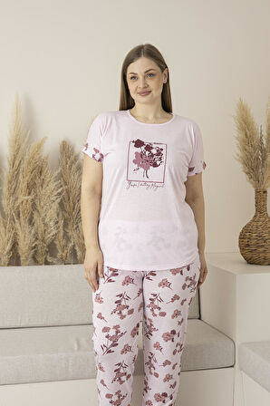 Kadın Yazlık Çiçek Desenli Kısa Kollu Viskon Battal Pijama Takımı - Pembe