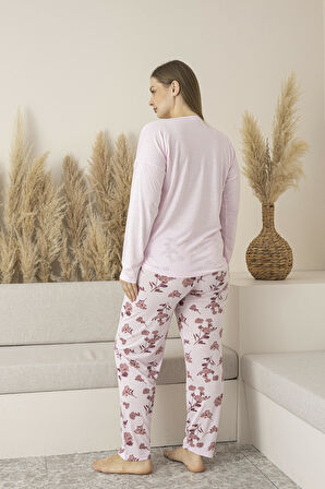 Kadın Yazlık Çiçek Desenli Uzun Kollu Viskon Battal Pijama Takımı - Pembe