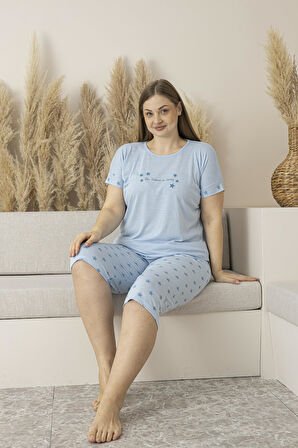 Kadın Yazlık Yıldız Desenli Kısa Kollu Kaprili Viskon Battal Pijama Takımı