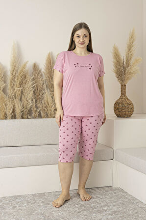 Kadın Yazlık Yıldız Desenli Kısa Kollu Kaprili Viskon Battal Pijama Takımı