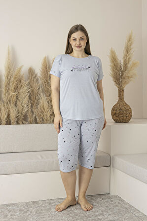 Kadın Yazlık Kalp Desenli Kısa Kollu Kaprili Viskon Battal Pijama Takımı