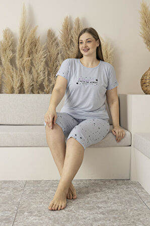 Kadın Yazlık Kalp Desenli Kısa Kollu Kaprili Viskon Battal Pijama Takımı