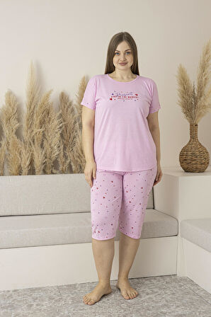 Kadın Yazlık Kalp Desenli Kısa Kollu Kaprili Viskon Battal Pijama Takımı