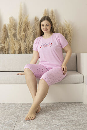 Kadın Yazlık Kalp Desenli Kısa Kollu Kaprili Viskon Battal Pijama Takımı
