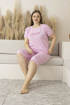 Kadın Yazlık Kalp Desenli Kısa Kollu Kaprili Viskon Battal Pijama Takımı
