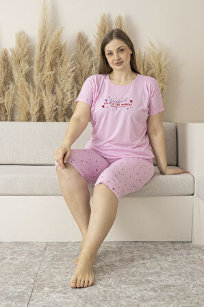 Kadın Yazlık Kalp Desenli Kısa Kollu Kaprili Viskon Battal Pijama Takımı