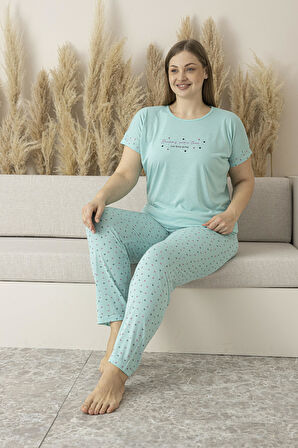 Kadın Yazlık Puantiyeli Kısa Kollu Viskon Battal Pijama Takımı