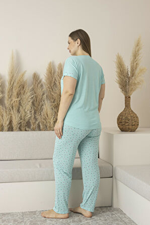 Kadın Yazlık Puantiyeli Kısa Kollu Viskon Battal Pijama Takımı