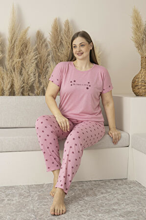 Kadın Yazlık Yıldız Desenli Kısa Kollu Viskon Battal Pijama Takımı