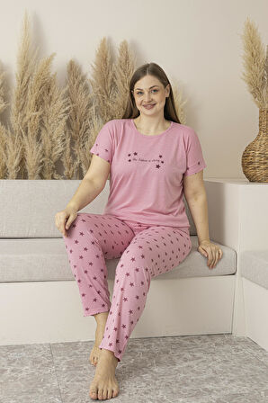 Kadın Yazlık Yıldız Desenli Kısa Kollu Viskon Battal Pijama Takımı