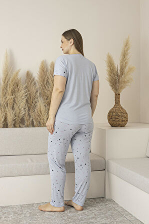 Kadın Yazlık Kalp Desenli Kısa Kollu Viskon Battal Pijama Takımı