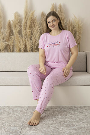 Kadın Yazlık Kalp Desenli Kısa Kollu Viskon Battal Pijama Takımı