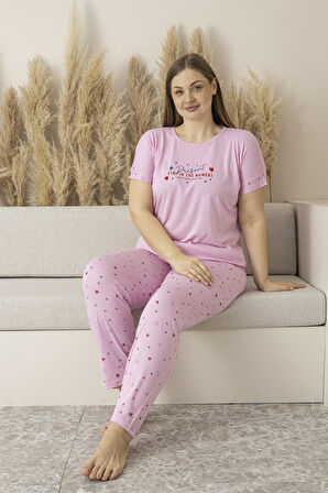 Kadın Yazlık Kalp Desenli Kısa Kollu Viskon Battal Pijama Takımı