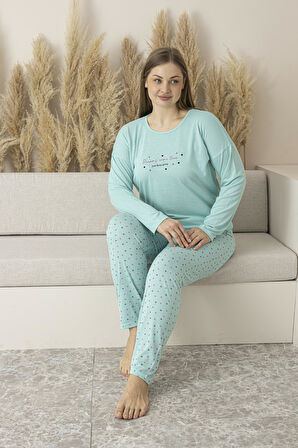 Kadın Yazlık Puantiyeli Uzun Kollu Viskon Battal Pijama Takımı