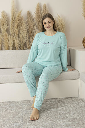 Kadın Yazlık Puantiyeli Uzun Kollu Viskon Battal Pijama Takımı