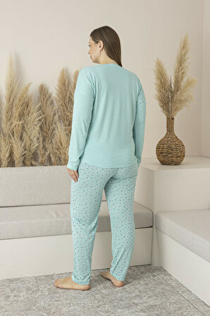 Kadın Yazlık Puantiyeli Uzun Kollu Viskon Battal Pijama Takımı