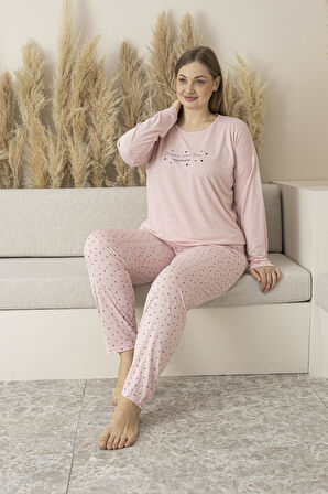Kadın Yazlık Puantiyeli Uzun Kollu Viskon Battal Pijama Takımı