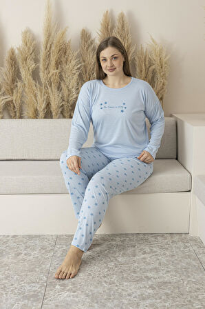 Kadın Yazlık Yıldız Desenli Uzun Kollu Viskon Battal Pijama Takımı