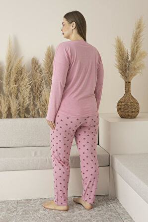 Kadın Yazlık Yıldız Desenli Uzun Kollu Viskon Battal Pijama Takımı