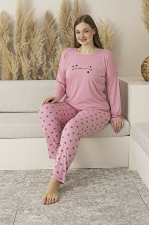 Kadın Yazlık Yıldız Desenli Uzun Kollu Viskon Battal Pijama Takımı