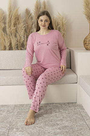 Kadın Yazlık Yıldız Desenli Uzun Kollu Viskon Battal Pijama Takımı