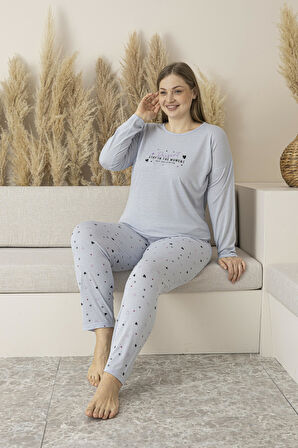 Kadın Yazlık Kalp Desenli Uzun Kollu Viskon Battal Pijama Takımı