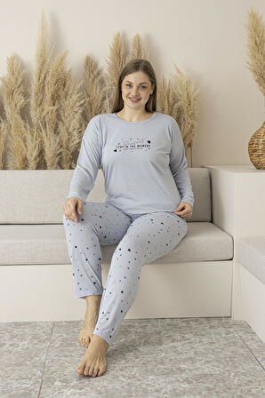 Kadın Yazlık Kalp Desenli Uzun Kollu Viskon Battal Pijama Takımı