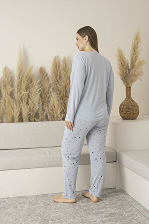 Kadın Yazlık Kalp Desenli Uzun Kollu Viskon Battal Pijama Takımı