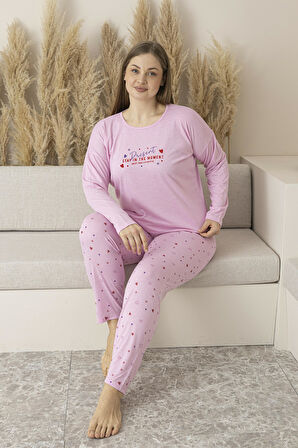 Kadın Yazlık Kalp Desenli Uzun Kollu Viskon Battal Pijama Takımı