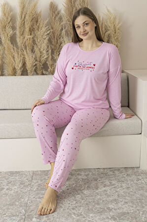 Kadın Yazlık Kalp Desenli Uzun Kollu Viskon Battal Pijama Takımı