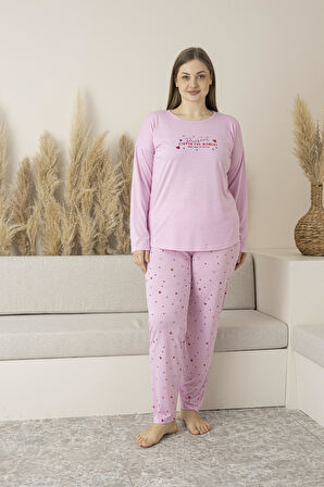 Kadın Yazlık Kalp Desenli Uzun Kollu Viskon Battal Pijama Takımı