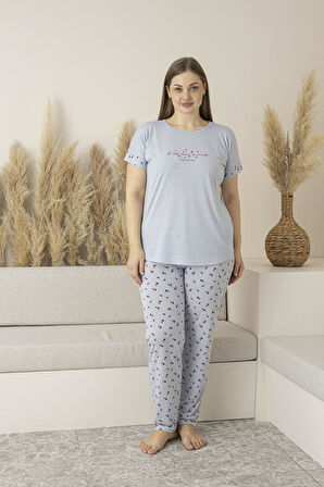 Kadın Yazlık Desenli Uzun Kollu Viskon Battal Pijama Takımı