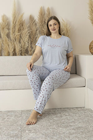 Kadın Yazlık Desenli Uzun Kollu Viskon Battal Pijama Takımı