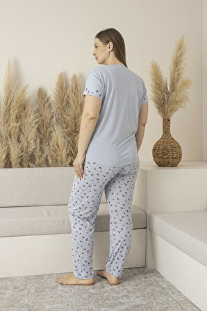 Kadın Yazlık Desenli Uzun Kollu Viskon Battal Pijama Takımı