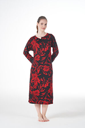 Kadın Yazlık Desenli Uzun Kollu Düğmeli Lycra Viskon Günlük Elbise