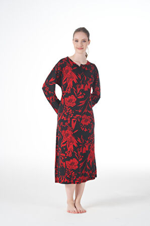 Kadın Yazlık Desenli Uzun Kollu Düğmeli Lycra Viskon Günlük Elbise