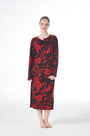 Kadın Yazlık Desenli Uzun Kollu Düğmeli Lycra Viskon Günlük Elbise