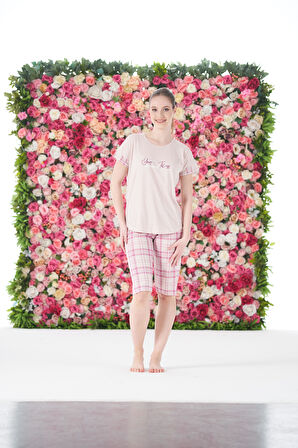 Kadın Yazlık Kareli Kısa Kollu Kaprili Viskon Pijama Takımı