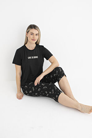 Kadın Yazlık Yıldız Desenli Kısa Kollu Kaprili Soft Pijama Takımı - Siyah