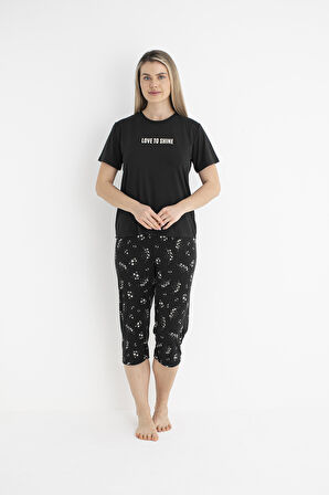 Kadın Yazlık Yıldız Desenli Kısa Kollu Kaprili Soft Pijama Takımı - Siyah
