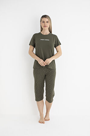 Kadın Yazlık Puantiyeli Kısa Kollu Kaprili Soft Pijama Takımı - Yeşil