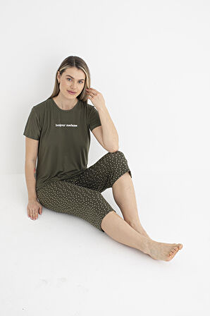 Kadın Yazlık Puantiyeli Kısa Kollu Kaprili Soft Pijama Takımı - Yeşil