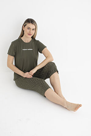 Kadın Yazlık Puantiyeli Kısa Kollu Kaprili Soft Pijama Takımı - Yeşil