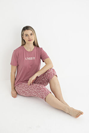 Kadın Yazlık Desenli Kısa Kollu Kaprili Soft Pijama Takımı - Pembe
