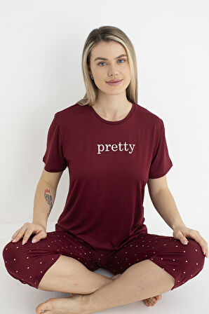 Kadın Yazlık Puantiyeli Kısa Kollu Kaprili Soft Pijama Takımı - Bordo